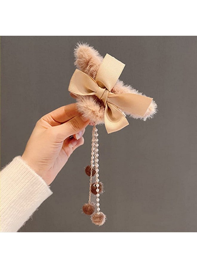 Jumwrit Furry Hair Claw Big Bow Hair Clips Banana Jaw Clips Pearl Tassel Hair Clips Strong Hold Hair Claw Clips Fashion Hair Accessories For Women And Girls（Pink） - Image 2