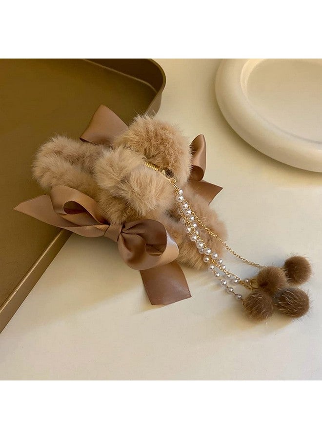 Jumwrit Furry Hair Claw Big Bow Hair Clips Banana Jaw Clips Pearl Tassel Hair Clips Strong Hold Hair Claw Clips Fashion Hair Accessories For Women And Girls（Pink） - Image 4