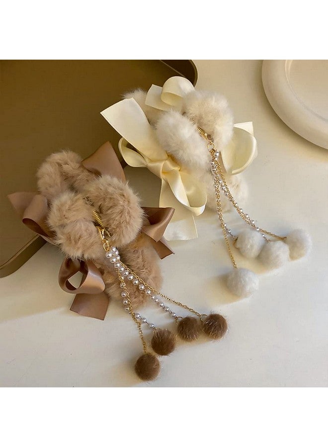 Jumwrit Furry Hair Claw Big Bow Hair Clips Banana Jaw Clips Pearl Tassel Hair Clips Strong Hold Hair Claw Clips Fashion Hair Accessories For Women And Girls（Pink） - Image 5