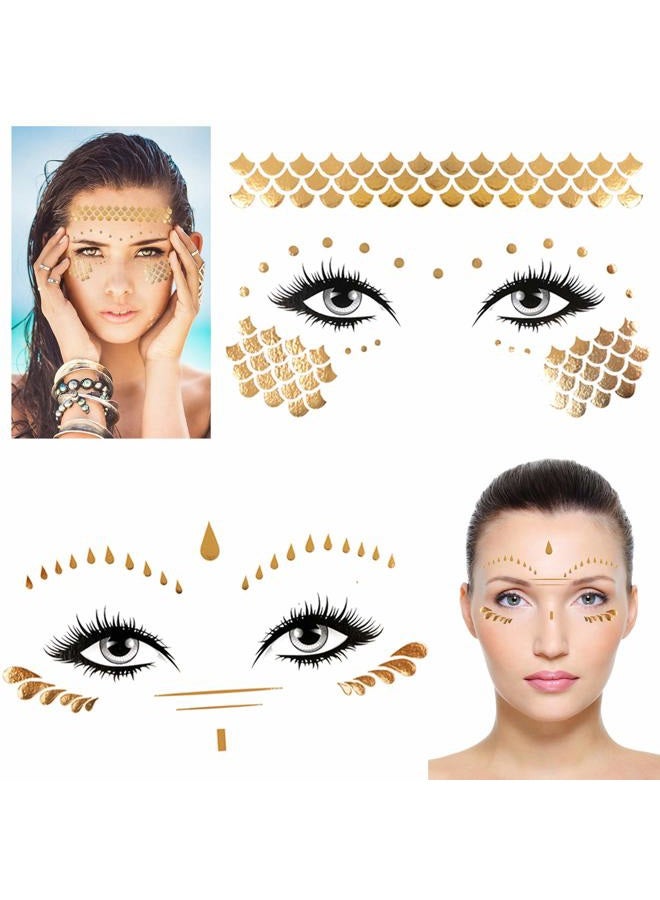 Konsait 8 Sheets Face Tattoo Sticker Metallic Temporary Transfer Tattoo Waterproof Face Jewels for Women Girls Make Up Dancer Costume Parties, Shimmer Glitter Gold Tattoos,Scale Tears Butterfly Freckl - Image 4