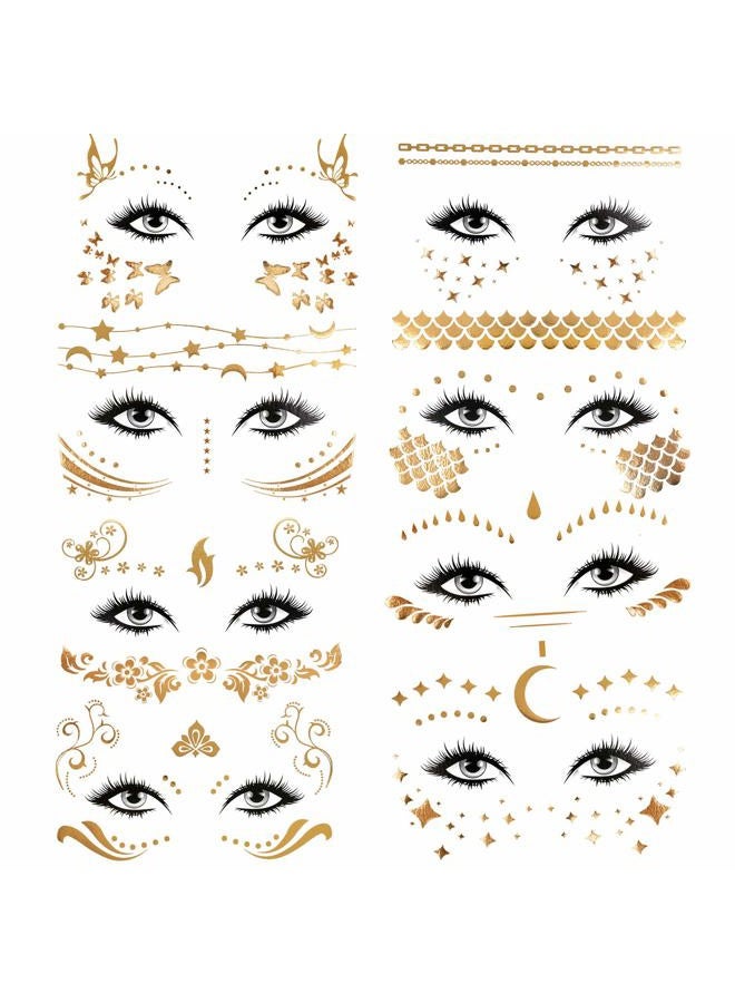 Konsait 8 Sheets Face Tattoo Sticker Metallic Temporary Transfer Tattoo Waterproof Face Jewels for Women Girls Make Up Dancer Costume Parties, Shimmer Glitter Gold Tattoos,Scale Tears Butterfly Freckl - Image 1