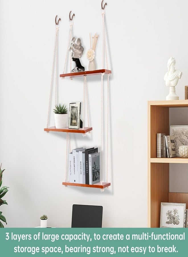 HONUTIGE Hanging Shelves for Wall, 3 Tier Boho Wall Decor Hanging Plant Shelf Indoor Floating Shelves with Cute Woven Rope Rope Rustic Wood Organizer Storage Hanger for Living Room Nursery Bathroom Bedroom - Image 5