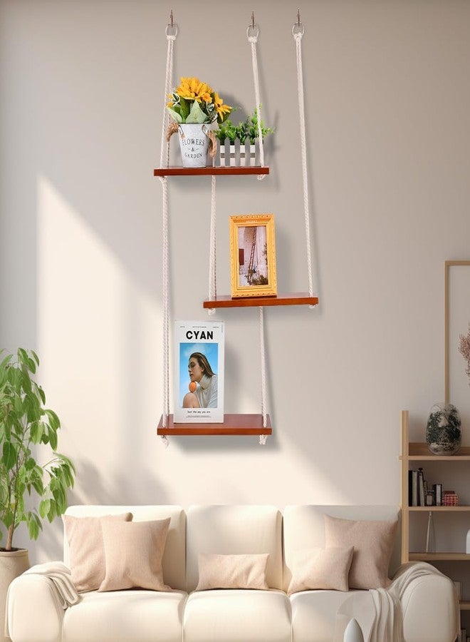 HONUTIGE Hanging Shelves for Wall, 3 Tier Boho Wall Decor Hanging Plant Shelf Indoor Floating Shelves with Cute Woven Rope Rope Rustic Wood Organizer Storage Hanger for Living Room Nursery Bathroom Bedroom - Image 2