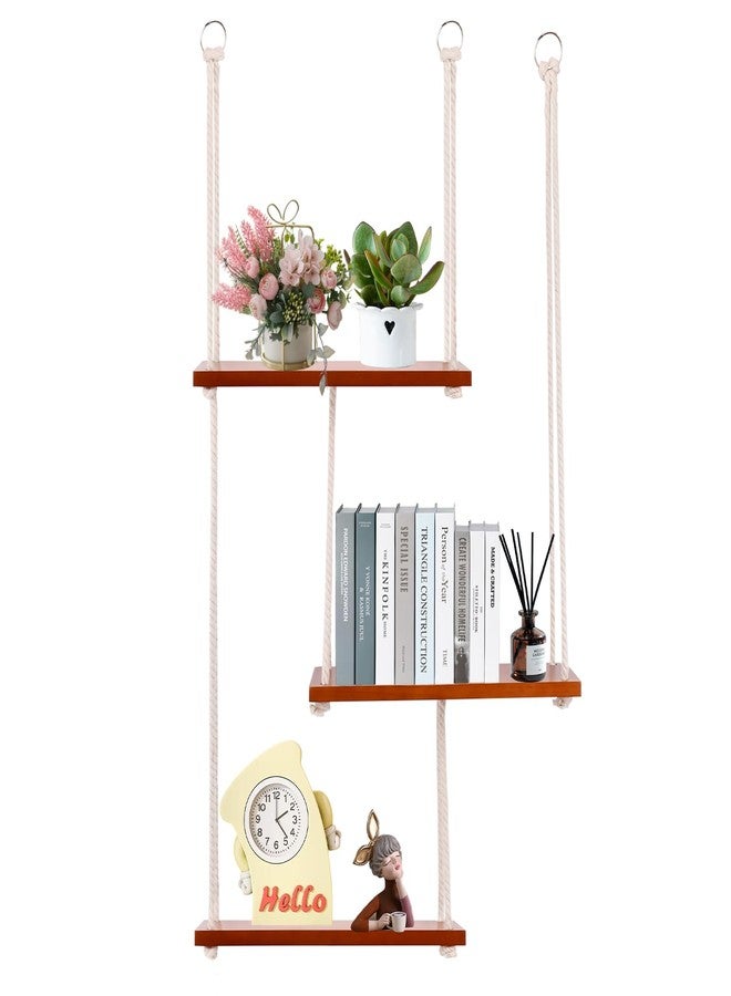 HONUTIGE Hanging Shelves for Wall, 3 Tier Boho Wall Decor Hanging Plant Shelf Indoor Floating Shelves with Cute Woven Rope Rope Rustic Wood Organizer Storage Hanger for Living Room Nursery Bathroom Bedroom - Image 1