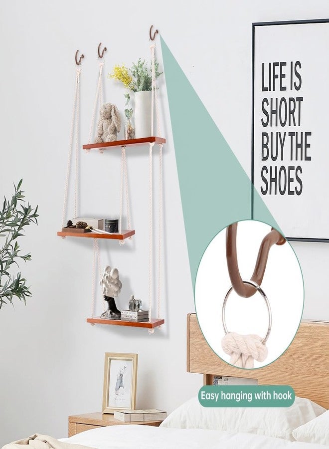 HONUTIGE Hanging Shelves for Wall, 3 Tier Boho Wall Decor Hanging Plant Shelf Indoor Floating Shelves with Cute Woven Rope Rope Rustic Wood Organizer Storage Hanger for Living Room Nursery Bathroom Bedroom - Image 3