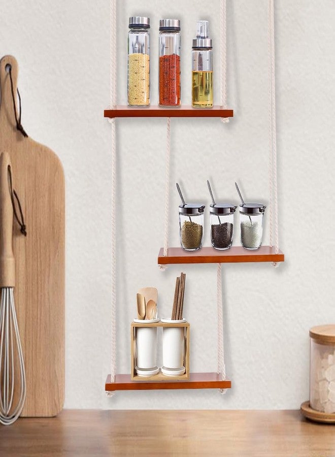 HONUTIGE Hanging Shelves for Wall, 3 Tier Boho Wall Decor Hanging Plant Shelf Indoor Floating Shelves with Cute Woven Rope Rope Rustic Wood Organizer Storage Hanger for Living Room Nursery Bathroom Bedroom - Image 4
