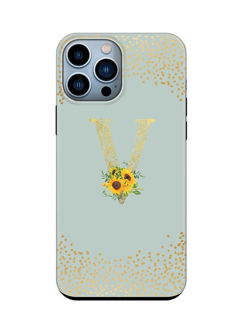 Monogram Tough Series for Apple iPhone 13 Pro Max Custom Initials Floral Mandala Pattern Tough Pro Dual Layer hybrid PC inner TPU protection Alphabet- V (Light Green)
