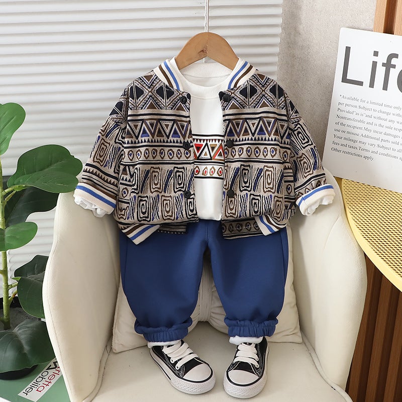Boys' Autumn Cardigan Suit Children'S Baby Retro Ethnic Style Printed Jacket Three-Piece Set