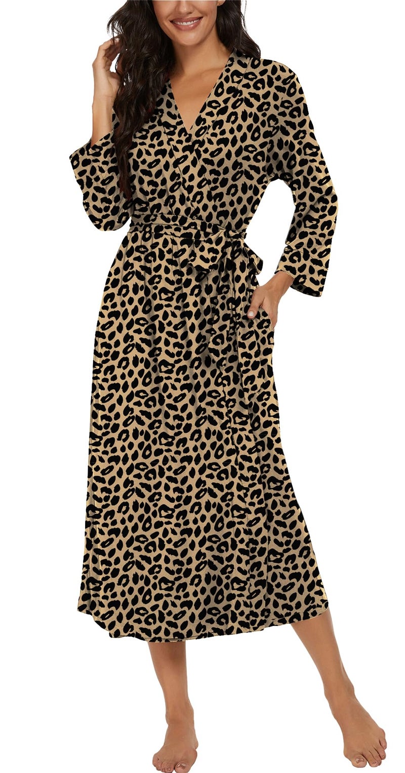 VINTATRE Women Kimono Robes Long Knit Bathrobe Lightweight Soft Knit Sleepwear V-neck Casual Ladies Loungewear FP-Leopard Khaki-Small - Image 3