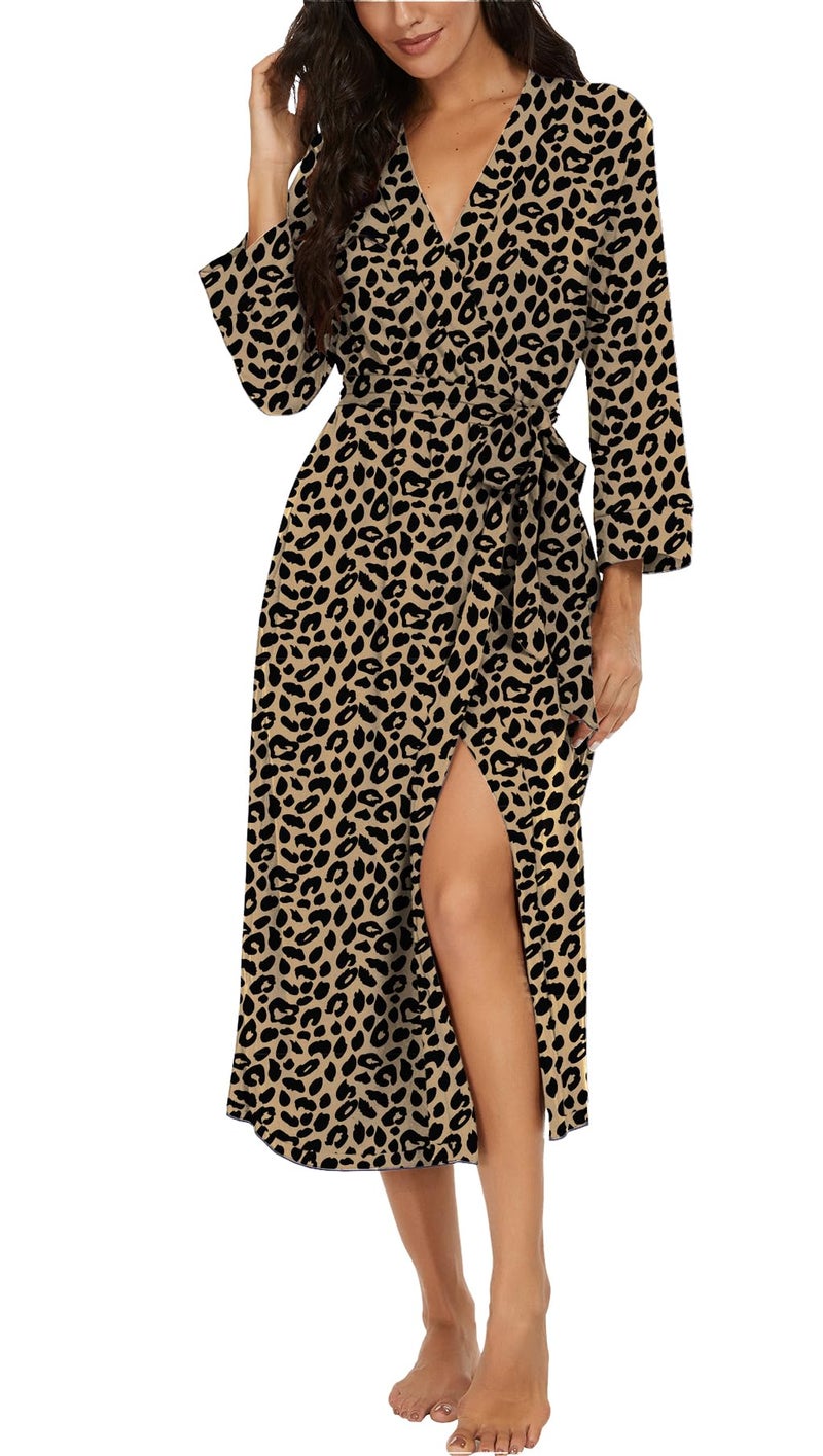 VINTATRE Women Kimono Robes Long Knit Bathrobe Lightweight Soft Knit Sleepwear V-neck Casual Ladies Loungewear FP-Leopard Khaki-Small - Image 1