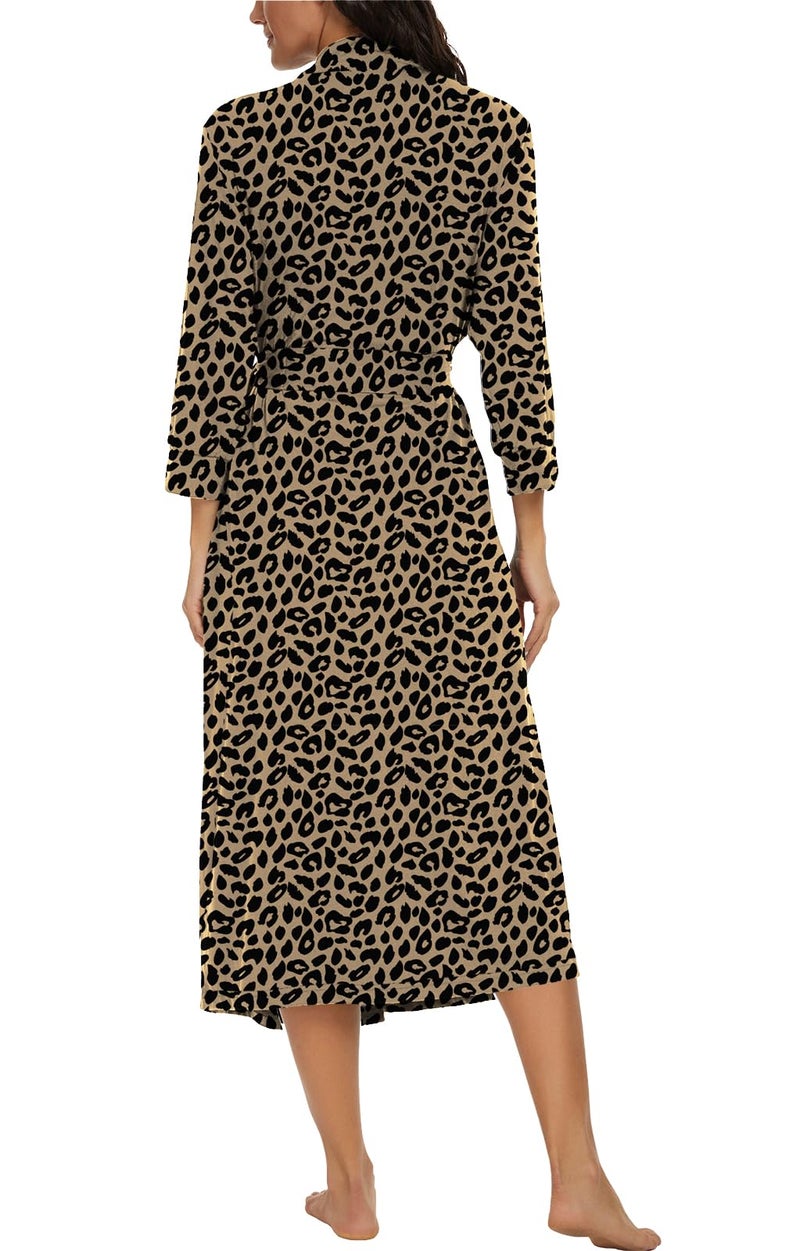 VINTATRE Women Kimono Robes Long Knit Bathrobe Lightweight Soft Knit Sleepwear V-neck Casual Ladies Loungewear FP-Leopard Khaki-Small - Image 5