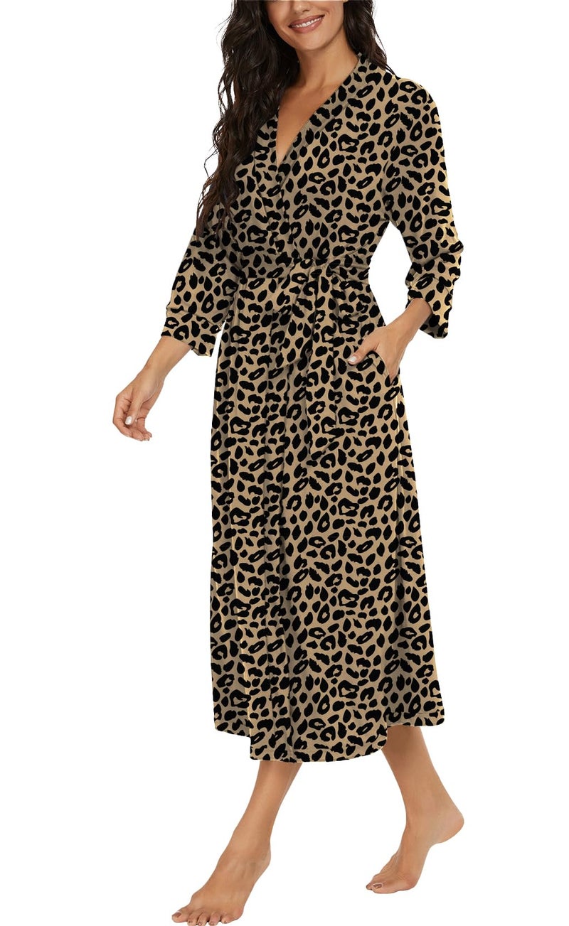 VINTATRE Women Kimono Robes Long Knit Bathrobe Lightweight Soft Knit Sleepwear V-neck Casual Ladies Loungewear FP-Leopard Khaki-Small - Image 2