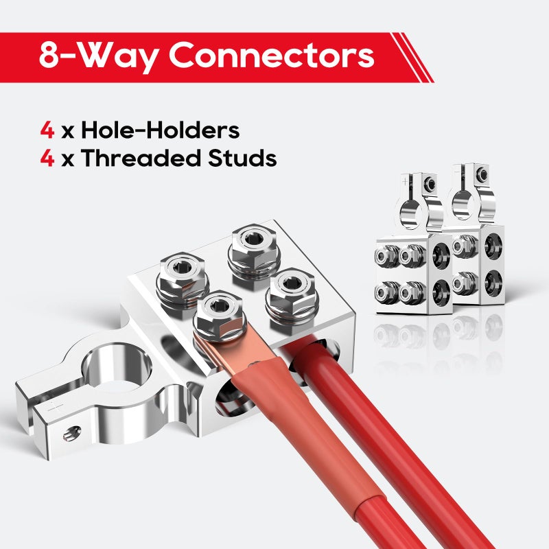 TOPDC 8-Way Lead Acid Battery Terminal Connector, Battery Cable Ends 8AWG up to 4/0(XL) AWG, Positive and Negative (+/-)(Pair) for SAE/DIN/EN Tapered Top Post - Image 2