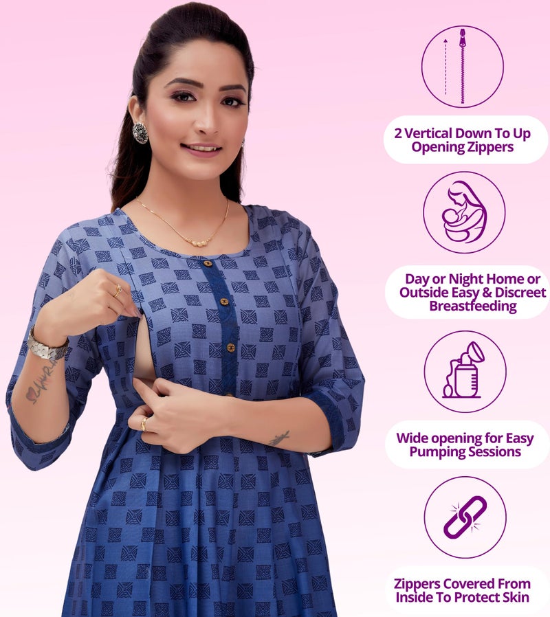 RITIJYA Feeding Kurtis For Women With Zip | Maternity Gown Pregnancy Dress For Nursing Mothers | Viscose Rayon Relaxed Fit | Maternity Wear Feeding Dress Tops (Small,Blue, 9018_36) - Image 2