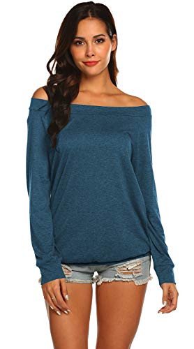 Halife Women's Long Sleeve Boat Neck Off Shoulder Blouse Tops Blue L - Image 2