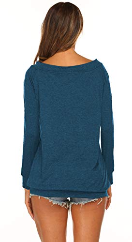 Halife Women's Long Sleeve Boat Neck Off Shoulder Blouse Tops Blue L - Image 5