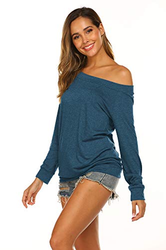 Halife Women's Long Sleeve Boat Neck Off Shoulder Blouse Tops Blue L - Image 3