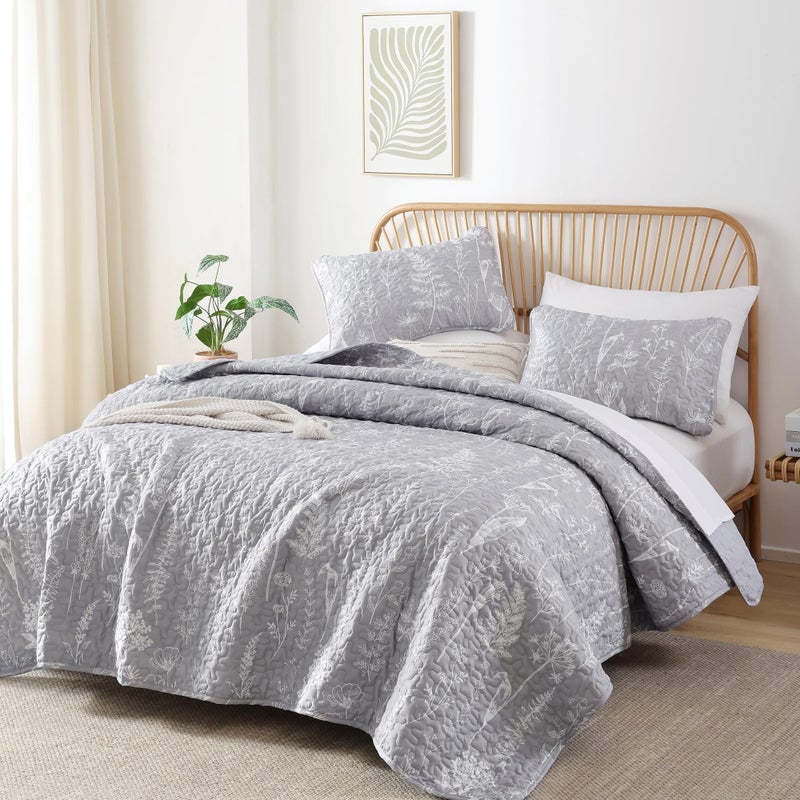 JANZAA Quilts Queen Size Bed Spread Botanical 3 Pieces Quilts Queen Size Sets with Floral Pattern Lightweight Microfiber Bedding Reversible 1 Quilt and 2 Pillow Cases-Grey - Image 1