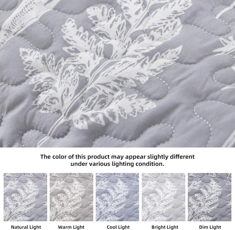 JANZAA Quilts Queen Size Bed Spread Botanical 3 Pieces Quilts Queen Size Sets with Floral Pattern Lightweight Microfiber Bedding Reversible 1 Quilt and 2 Pillow Cases-Grey - Image 4