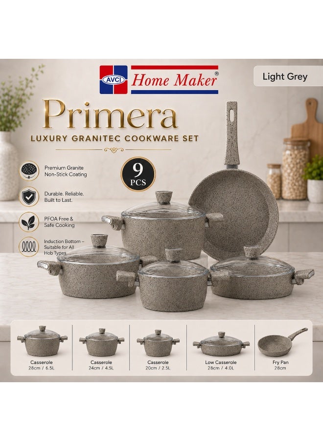 AVCI Home Maker Primera Luxury Granitec 9 Piece Non-Stick Cookware Set With Glass Lids, Induction Bottom, Casseroles & Fry Pan, Light Grey - Image 1