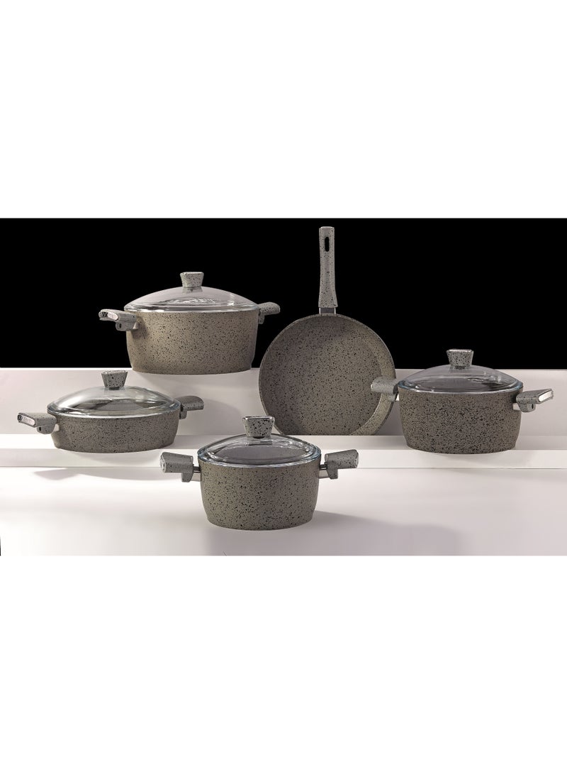 AVCI Home Maker Primera Luxury Granitec 9 Piece Non-Stick Cookware Set With Glass Lids, Induction Bottom, Casseroles & Fry Pan, Light Grey - Image 4