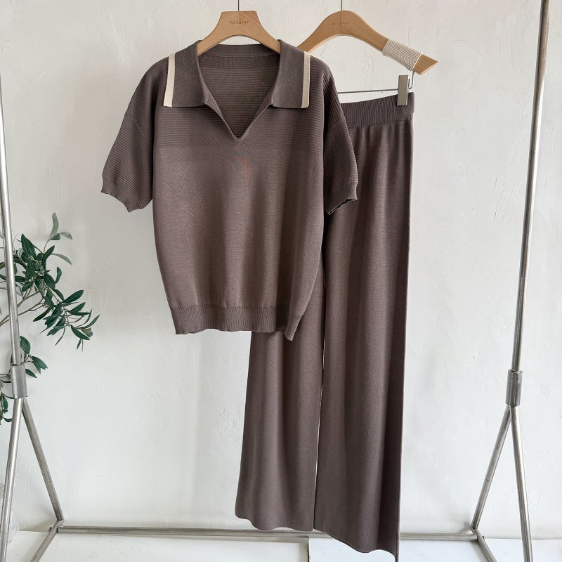 Fashion Two-Piece Set Short Sleeve Knit Top with High Waist Wide Leg Pants - Image 4