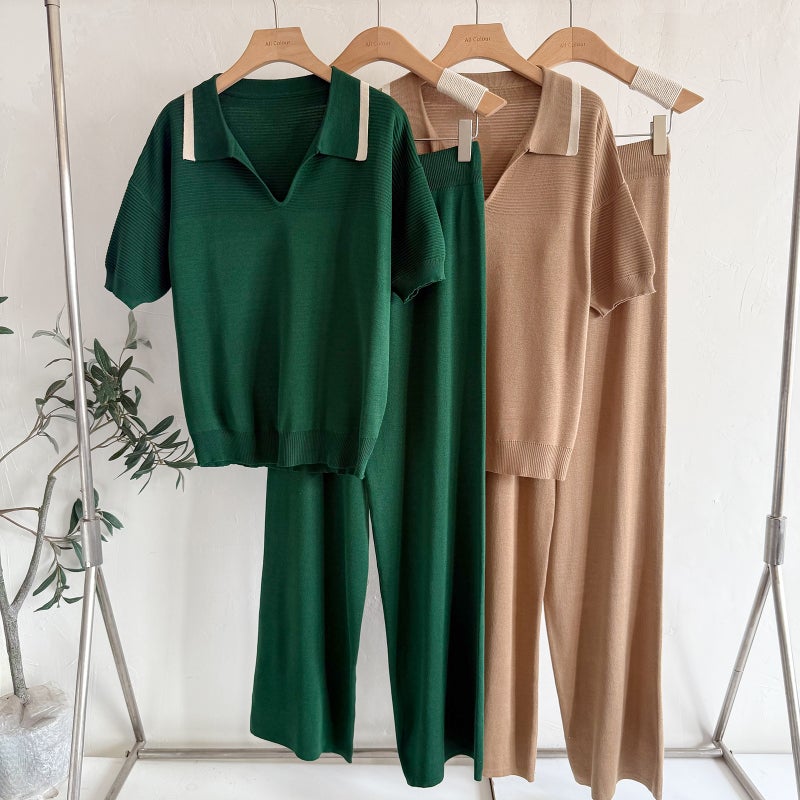 Fashion Two-Piece Set Short Sleeve Knit Top with High Waist Wide Leg Pants - Image 1
