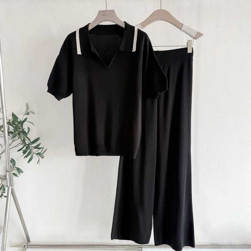 Fashion Two-Piece Set Short Sleeve Knit Top with High Waist Wide Leg Pants - Image 2