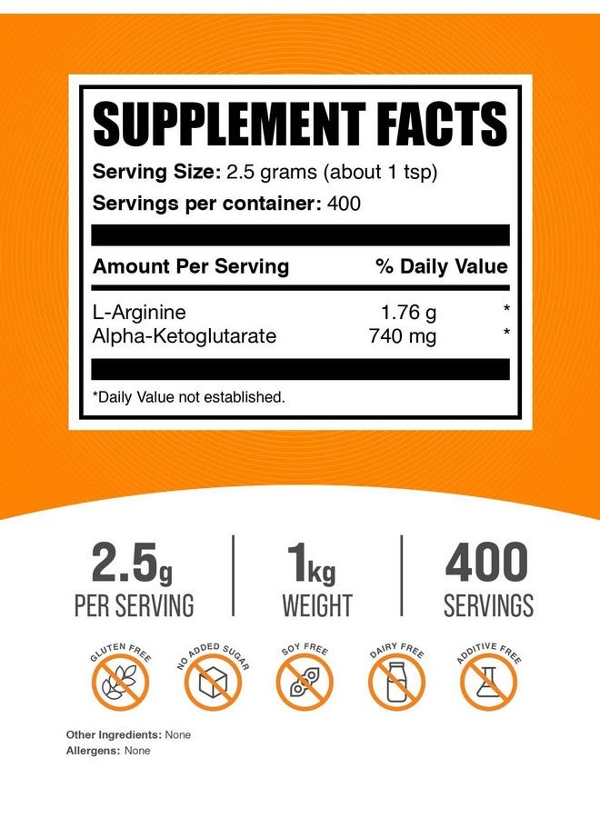 بالك سابلمنتس مسحوق AAKG من BulkSupplements.com - مكمل أرجينين AKG، مكمل أكسيد النيتريك - بدون نكهة وخالي من الغلوتين، 2.5 غرام لكل حصة، 1 كجم (2.2 رطل) (عبوة من قطعة واحدة) - Image 1