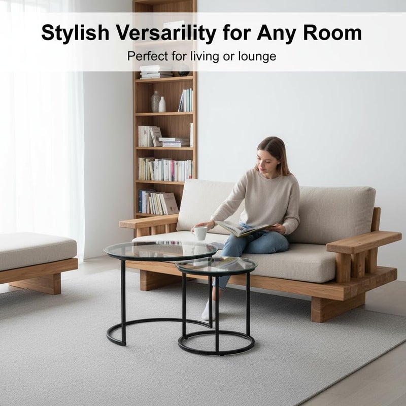 Cuizehua Round Nesting Coffee Table Set of 2, Modern Glass Nesting Tables, Stacking Minimalist End Table for Living Room Bedroom Small Space, Clear Tempered Glass and Black - Image 4