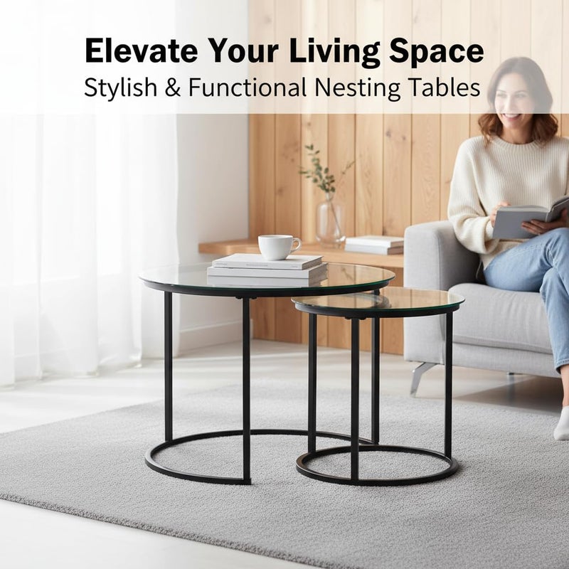 Cuizehua Round Nesting Coffee Table Set of 2, Modern Glass Nesting Tables, Stacking Minimalist End Table for Living Room Bedroom Small Space, Clear Tempered Glass and Black - Image 2