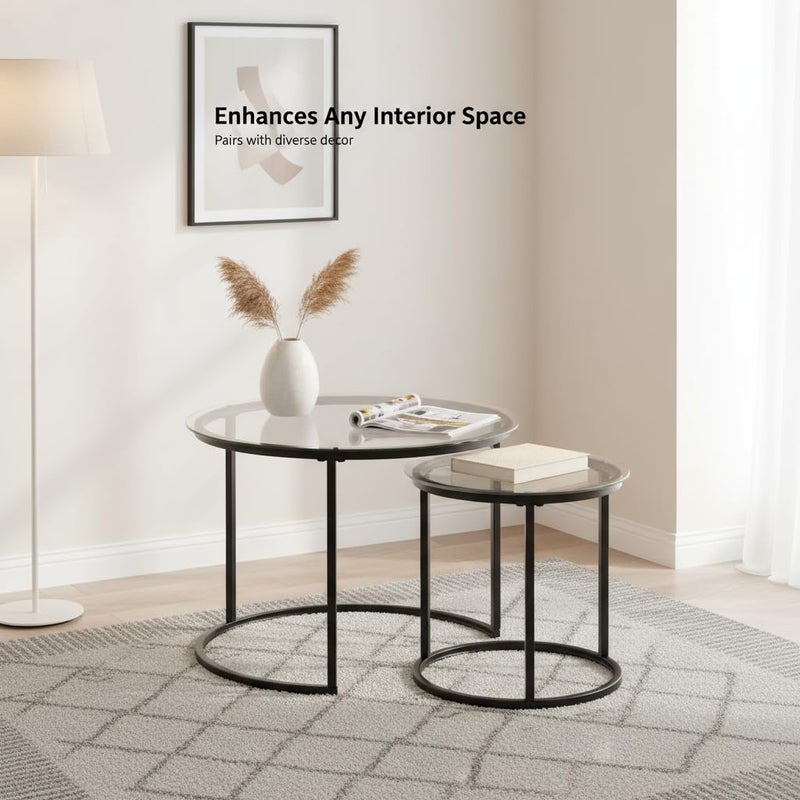 Cuizehua Round Nesting Coffee Table Set of 2, Modern Glass Nesting Tables, Stacking Minimalist End Table for Living Room Bedroom Small Space, Clear Tempered Glass and Black - Image 5