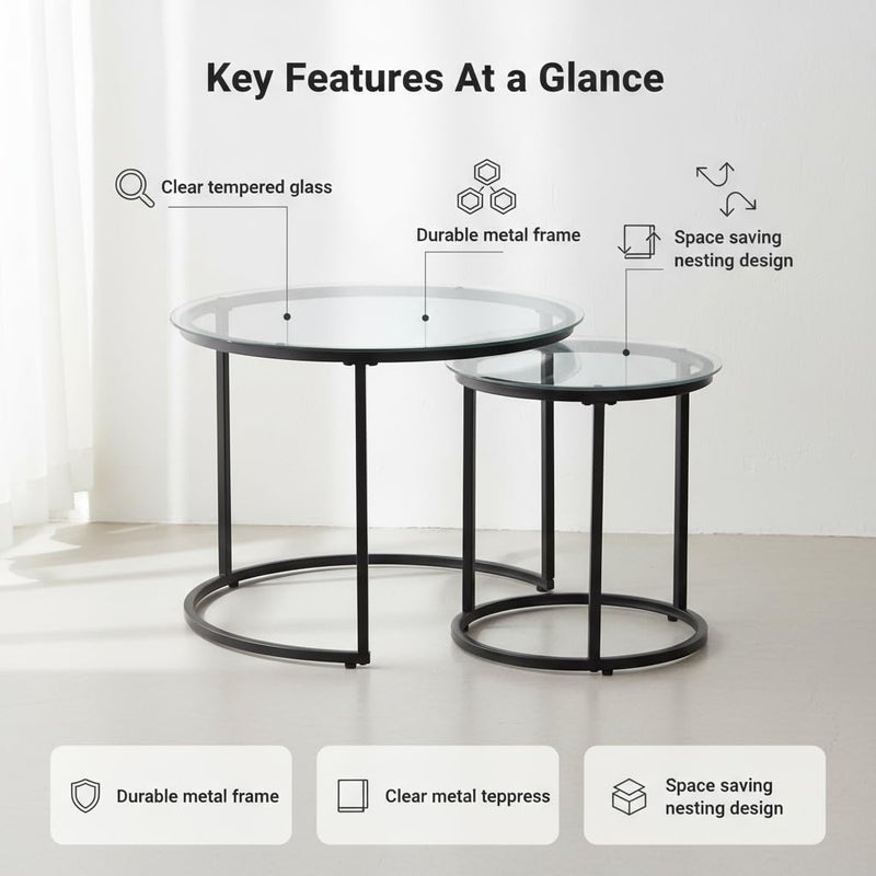 Cuizehua Round Nesting Coffee Table Set of 2, Modern Glass Nesting Tables, Stacking Minimalist End Table for Living Room Bedroom Small Space, Clear Tempered Glass and Black - Image 3