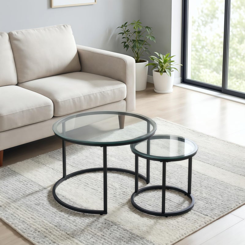 Cuizehua Round Nesting Coffee Table Set of 2, Modern Glass Nesting Tables, Stacking Minimalist End Table for Living Room Bedroom Small Space, Clear Tempered Glass and Black - Image 1