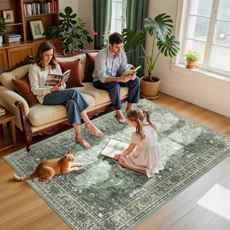 RELEANY Area Rugs 5'x7' Washable Non-Slip, Floral Vintage Distress Print Pattern Medallion Carpet for Living Room Bedroom Dining Room, Dark Green Gray - Image 3