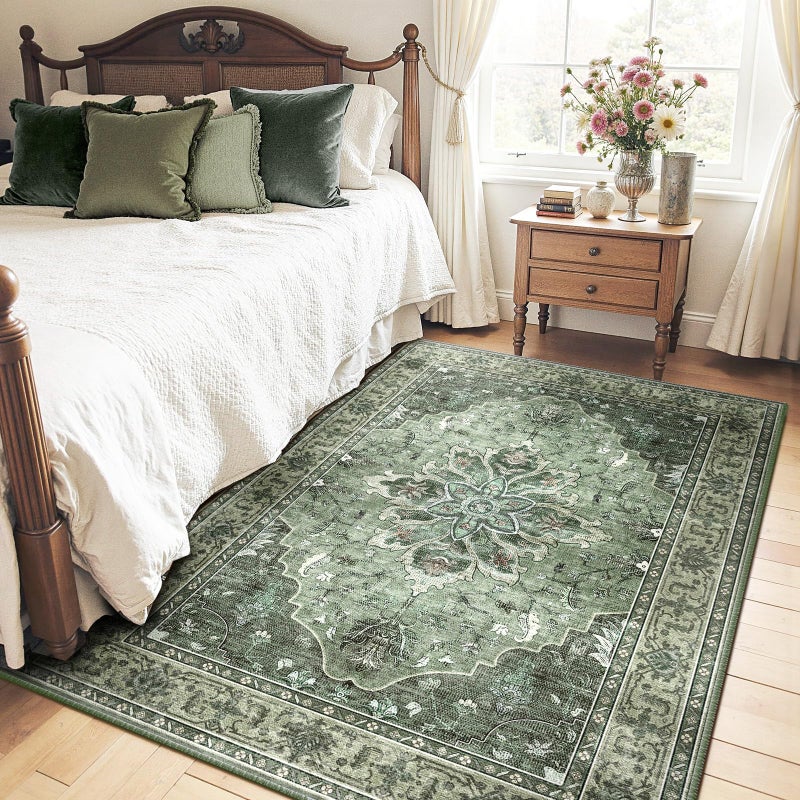 RELEANY Area Rugs 5'x7' Washable Non-Slip, Floral Vintage Distress Print Pattern Medallion Carpet for Living Room Bedroom Dining Room, Dark Green Gray - Image 2