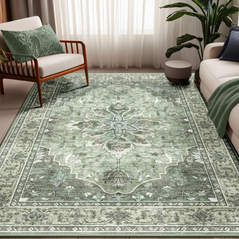 RELEANY Area Rugs 5'x7' Washable Non-Slip, Floral Vintage Distress Print Pattern Medallion Carpet for Living Room Bedroom Dining Room, Dark Green Gray - Image 1