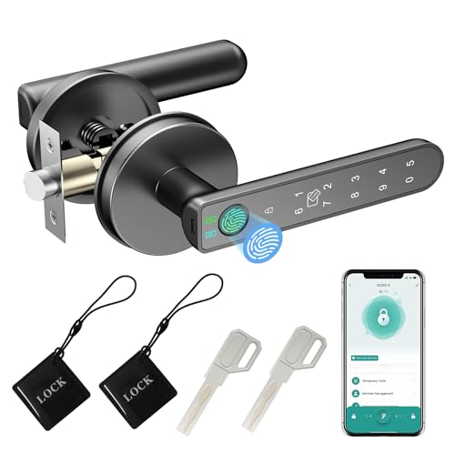 BIWIBON Fingerprint Door Lock, 5 in 1 Smart Door Knob with Smart APP/Fingerprint/IC Cards/Password/Backup Keys, Finger Print Door Knob with Keypad for Bedroom, Office, Apartment, Black, 1 Pack - Image 1