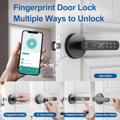 BIWIBON Fingerprint Door Lock, 5 in 1 Smart Door Knob with Smart APP/Fingerprint/IC Cards/Password/Backup Keys, Finger Print Door Knob with Keypad for Bedroom, Office, Apartment, Black, 1 Pack - Image 2