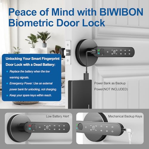BIWIBON Fingerprint Door Lock, 5 in 1 Smart Door Knob with Smart APP/Fingerprint/IC Cards/Password/Backup Keys, Finger Print Door Knob with Keypad for Bedroom, Office, Apartment, Black, 1 Pack - Image 5