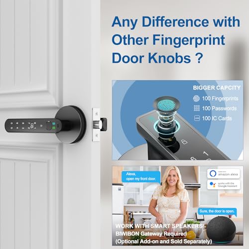 BIWIBON Fingerprint Door Lock, 5 in 1 Smart Door Knob with Smart APP/Fingerprint/IC Cards/Password/Backup Keys, Finger Print Door Knob with Keypad for Bedroom, Office, Apartment, Black, 1 Pack - Image 4