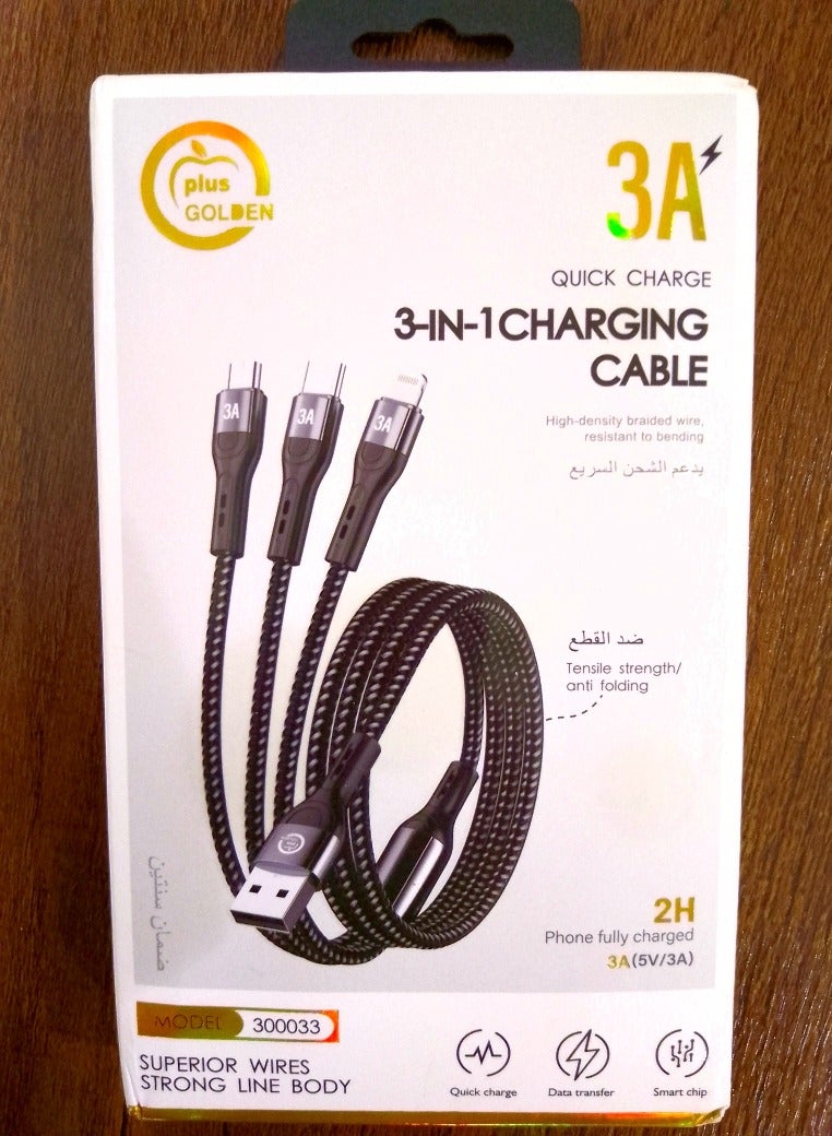 بلاس كيبل شحن 3 × 1 متعدد الاستخدامات من اي سي في بطول 1.20 متر سريع مغطى بالنايلون بوصلة IP ونوع C ومايكرو USB متوافق مع معظم الجوالات والتابلت وغيرهم لون أسود لحاسوب لوحي