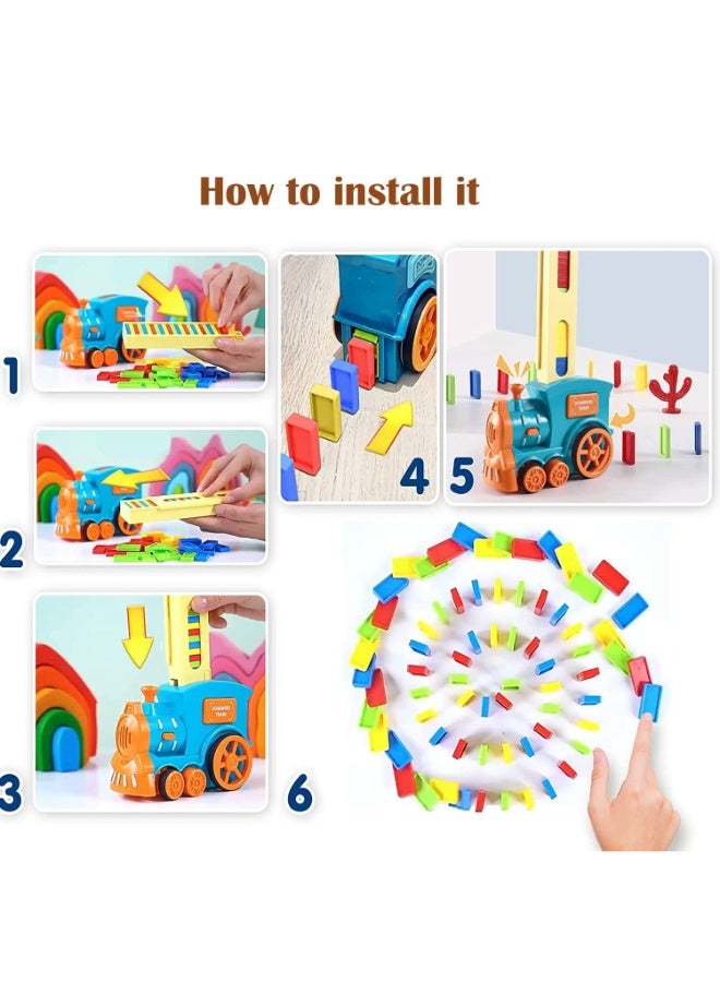 حديقة الألعاب لعبة قطار الدومينو قطعة ملونة – قطار كهربائي أوتوماتيكي لوضع الدومينو مع أصوات، اتجاه قابل للتعديل، لعبة تركيب تعليمية للأطفال 3 سنوات فأكثر - Image 3