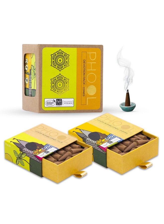 PHOOL LUXURY INCENSE أقماع دهووب فهول - عبوة تكريس من 2 - تولسي وياسمين | دهووب خاصة للعبادة | 80 عود دهووب و 2 حامل دهووب مجاني داخل - Image 1