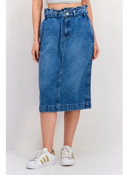 ESPRIT Women Washed Belted Denim Midi Skirt, Blue  - Image 1
