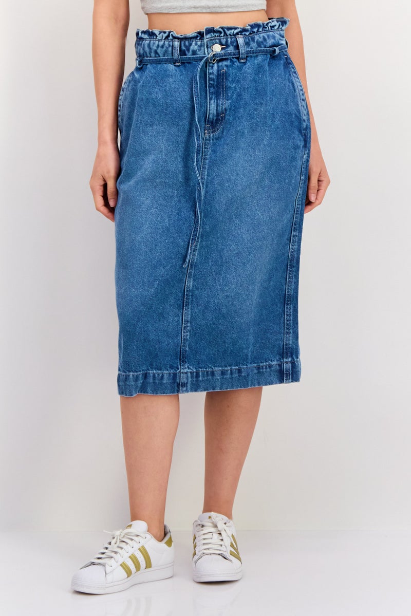 ESPRIT Women Washed Belted Denim Midi Skirt, Blue - Image 1
