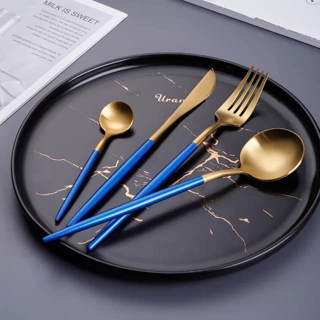 Kolorful 4 Piece Premium Golden Plated 304 Stainless Steel Steak Knife Fork Spoon Teaspoons Mirror Finish Flatware Tableware Dinnerware Cutlery Set Blue - Image 3