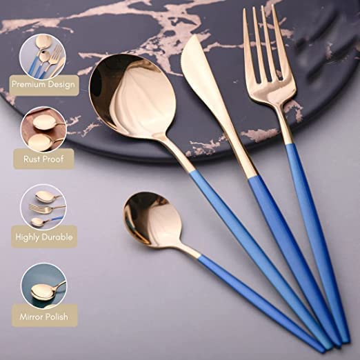 Kolorful 4 Piece Premium Golden Plated 304 Stainless Steel Steak Knife Fork Spoon Teaspoons Mirror Finish Flatware Tableware Dinnerware Cutlery Set Blue - Image 5