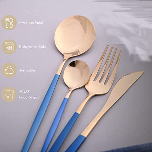 Kolorful 4 Piece Premium Golden Plated 304 Stainless Steel Steak Knife Fork Spoon Teaspoons Mirror Finish Flatware Tableware Dinnerware Cutlery Set Blue - Image 4