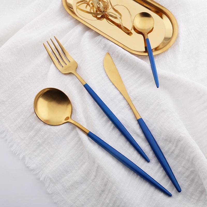 Kolorful 4 Piece Premium Golden Plated 304 Stainless Steel Steak Knife Fork Spoon Teaspoons Mirror Finish Flatware Tableware Dinnerware Cutlery Set Blue - Image 2